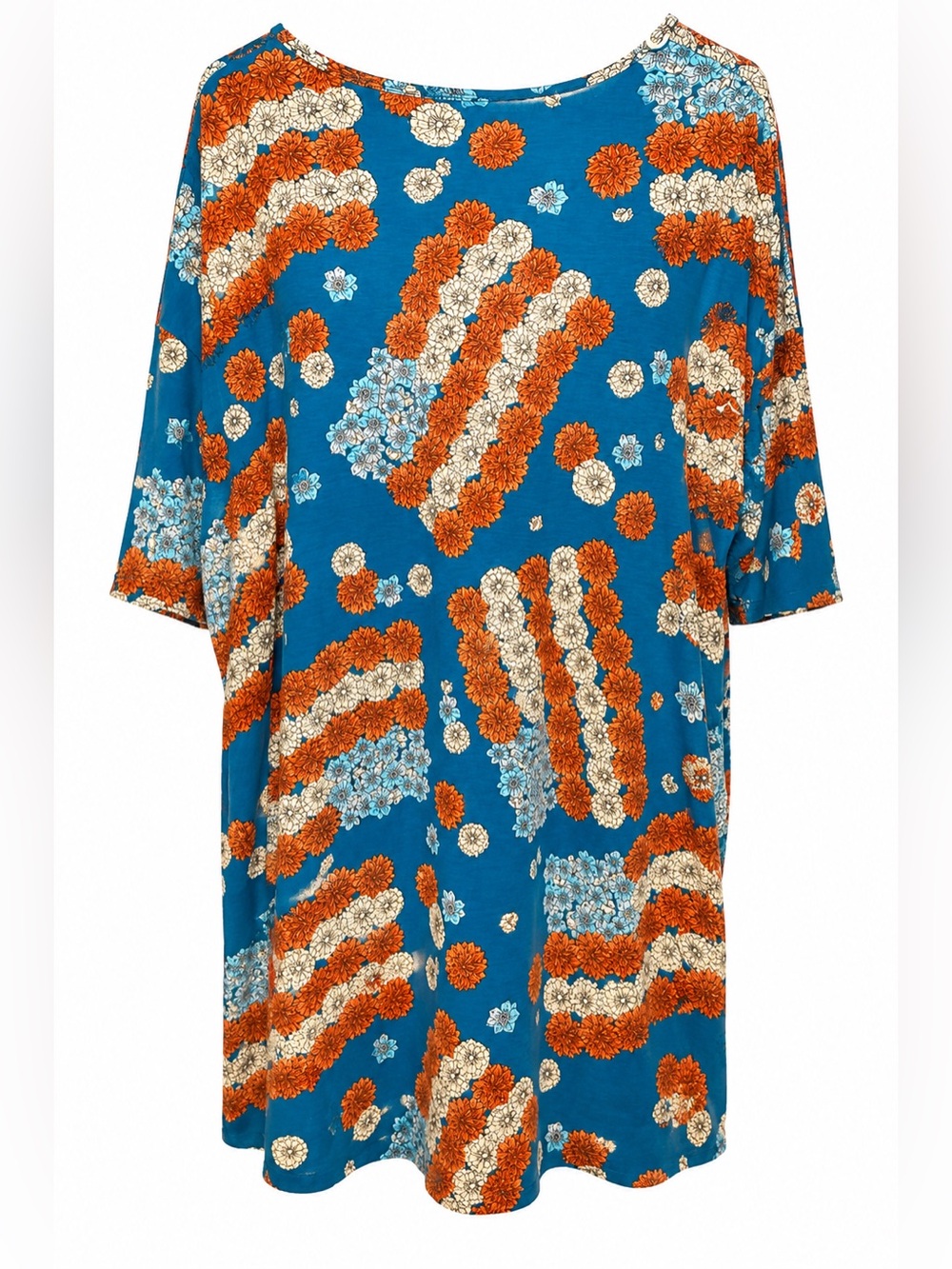 LuLaRue Blue Floral Flag Print Tunic or Dress with Red & White Blooms